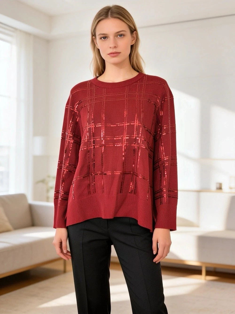 Chico’s Red Sequin Plaid Knit Sweater Size M
